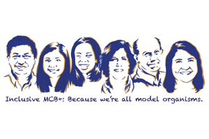 Pen sketch of faculty with tag - Inclusive MCB+ Because we're all model organisms